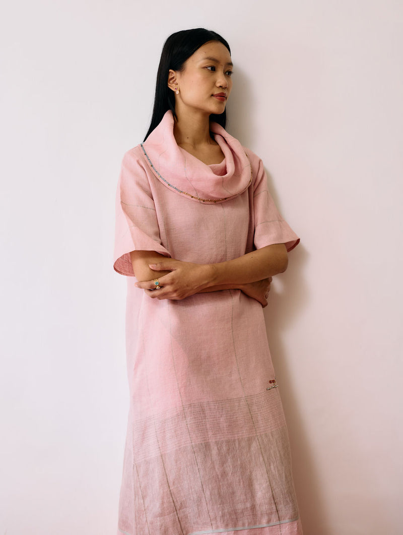 Zaran Cowl Neck Metallic Dress-Pink linen dress by Manan in pink for women Worldwide