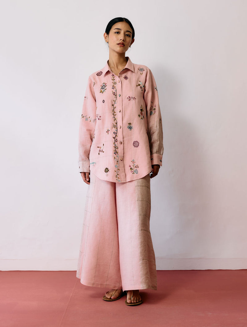 Mansa Floral Hand-Embroidered Shirt-Pink linen top/shirt by Manan in pink for women Worldwide