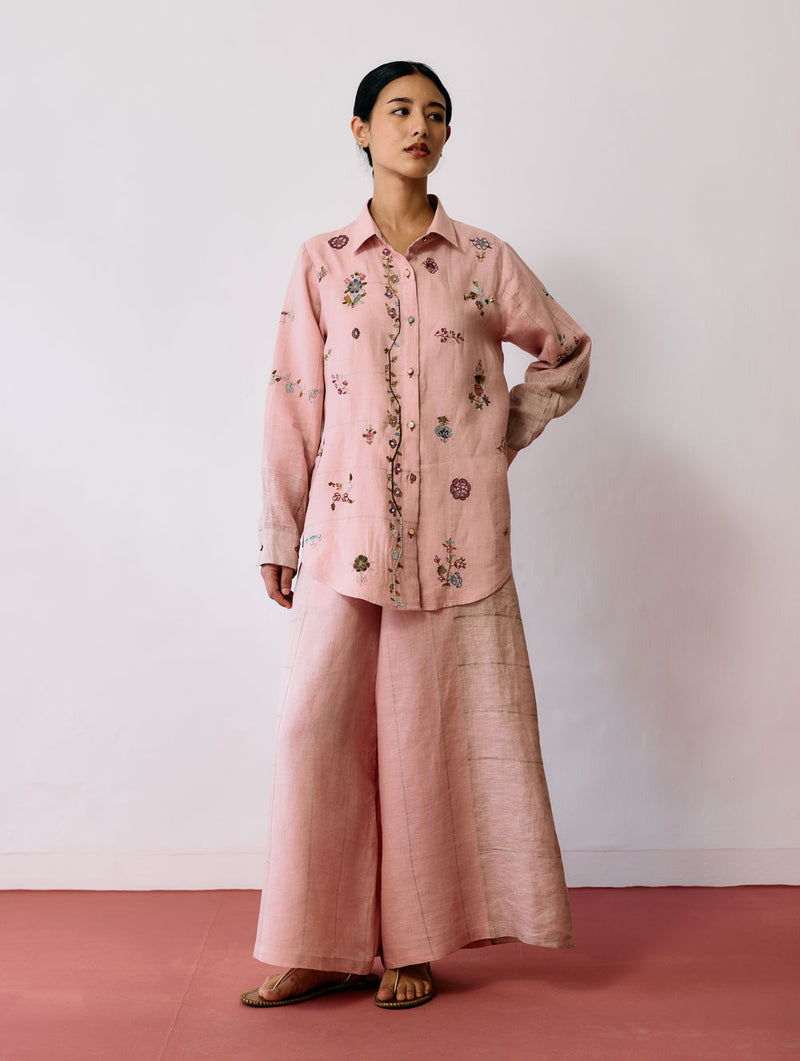 Mansa Floral Hand-Embroidered Co-ord-Pink linen co-ord set by Manan in pink for women Worldwide