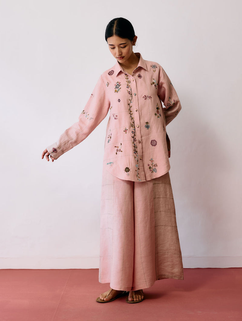 Mansa Floral Hand-Embroidered Co-ord-Pink linen co-ord set by Manan in pink for women Worldwide