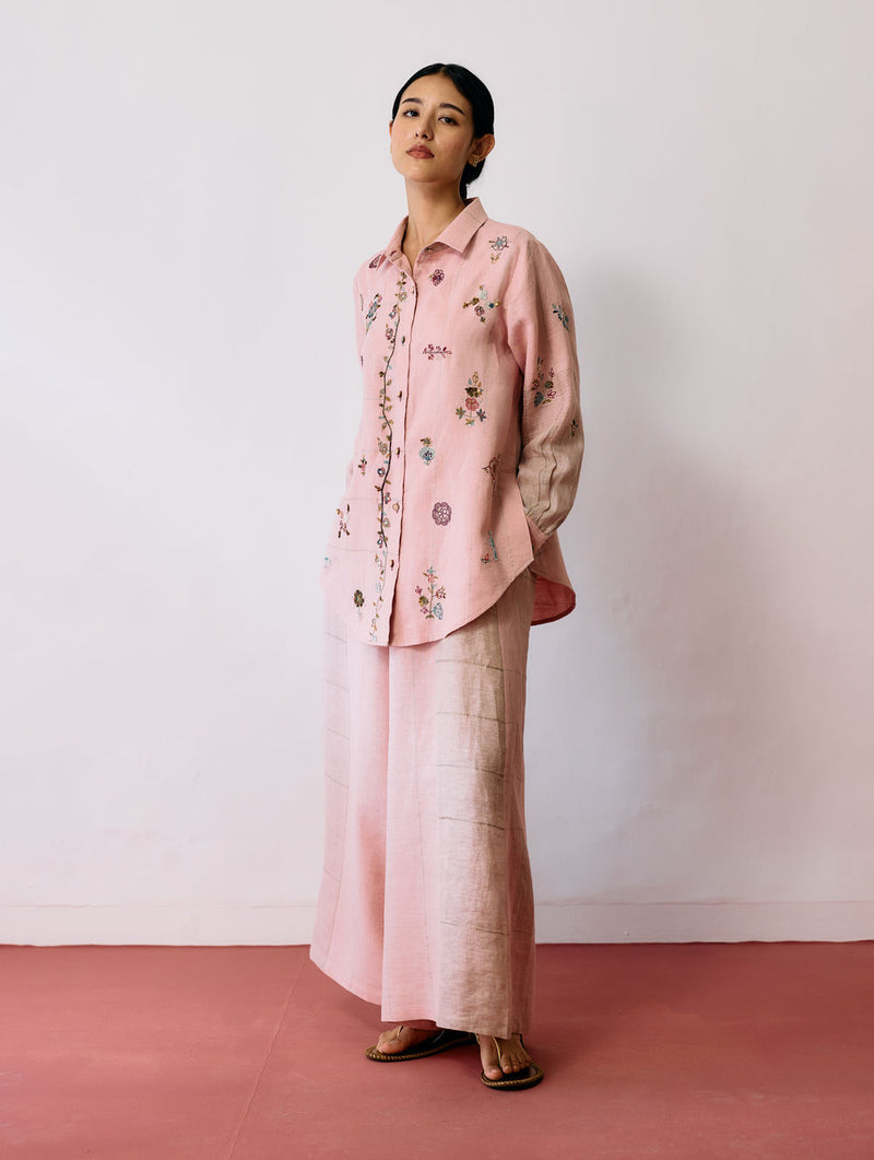 Mansa Floral Hand-Embroidered Co-ord-Pink linen co-ord set by Manan in pink for women Worldwide