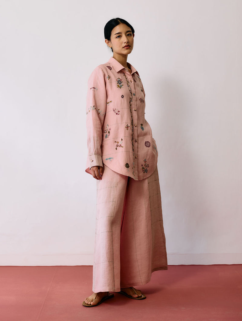 Mansa Floral Hand-Embroidered Co-ord-Pink linen co-ord set by Manan in pink for women Worldwide