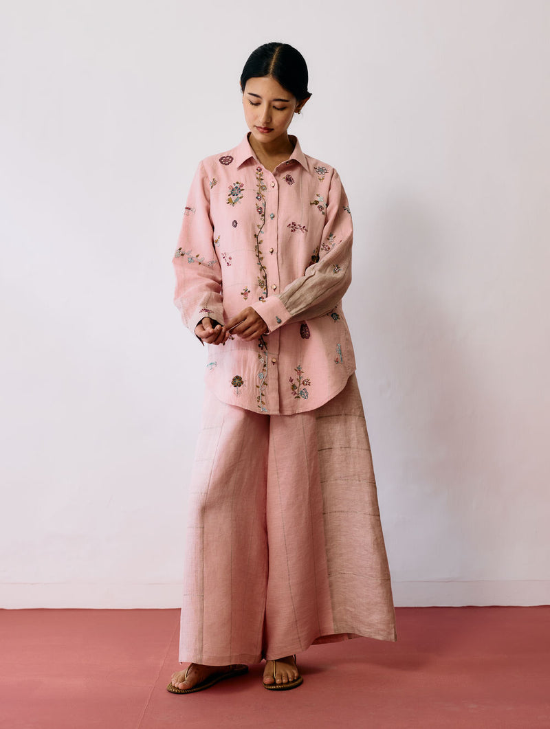 Mansa Floral Hand-Embroidered Co-ord-Pink linen co-ord set by Manan in pink for women Worldwide