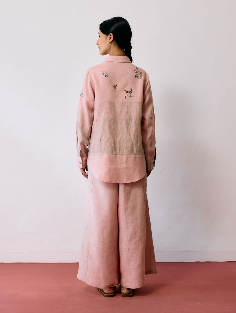 Mansa Floral Hand-Embroidered Co-ord-Pink linen co-ord set by Manan in pink for women Worldwide