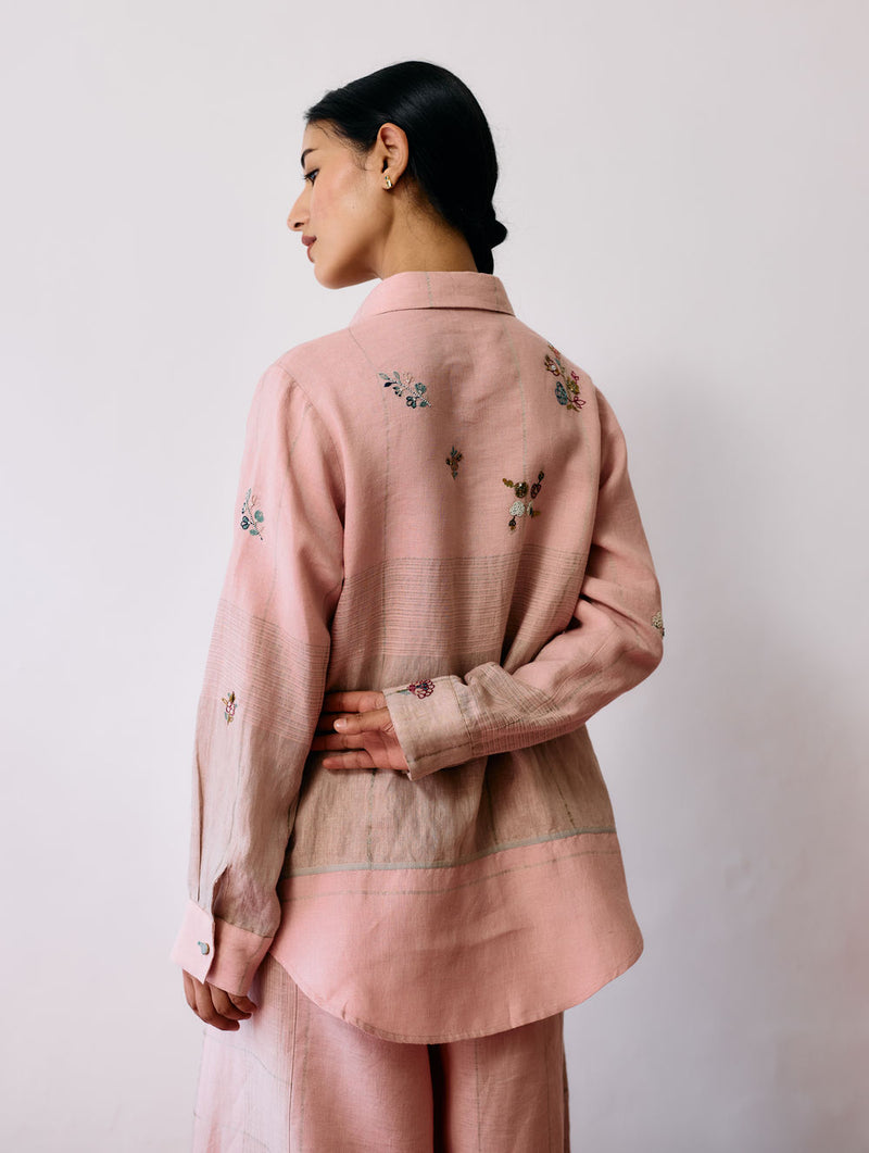 Mansa Floral Hand-Embroidered Shirt-Pink linen top/shirt by Manan in pink for women Worldwide