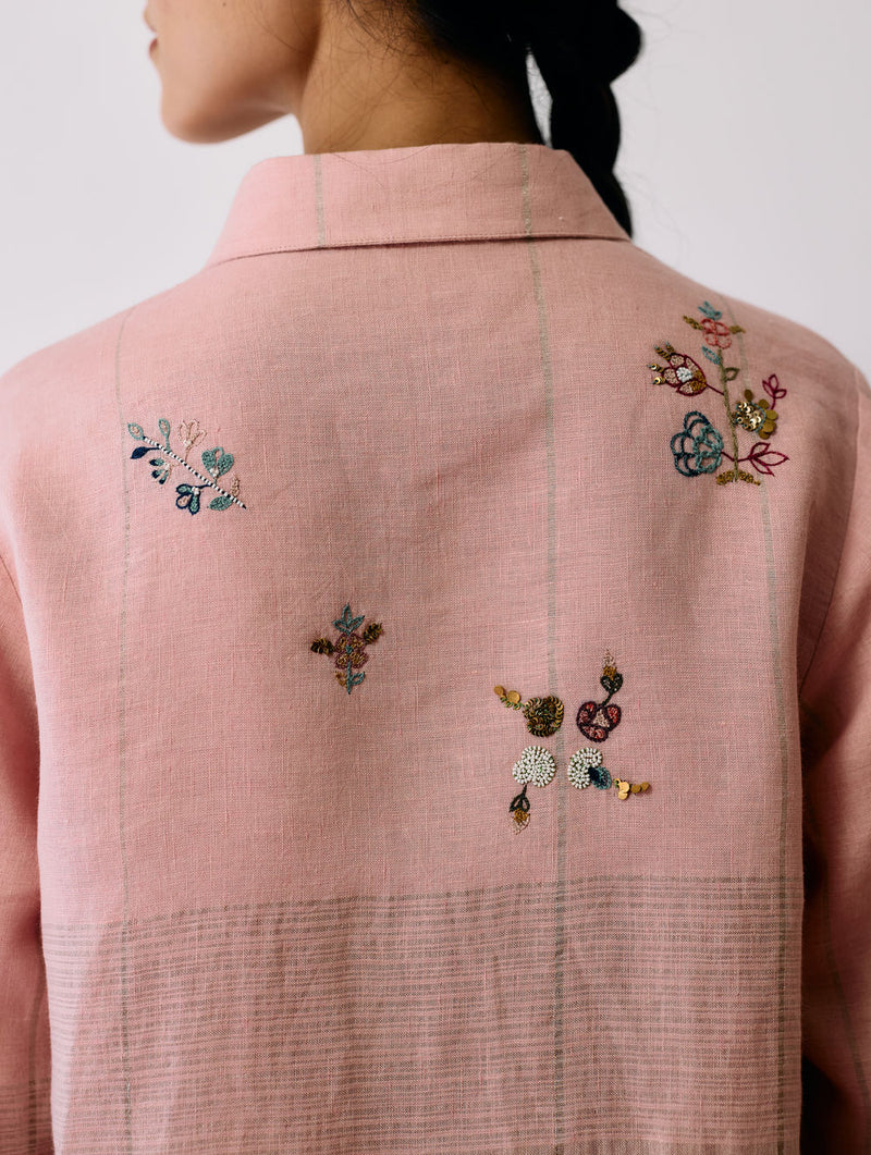 Mansa Floral Hand-Embroidered Shirt-Pink linen top/shirt by Manan in pink for women Worldwide