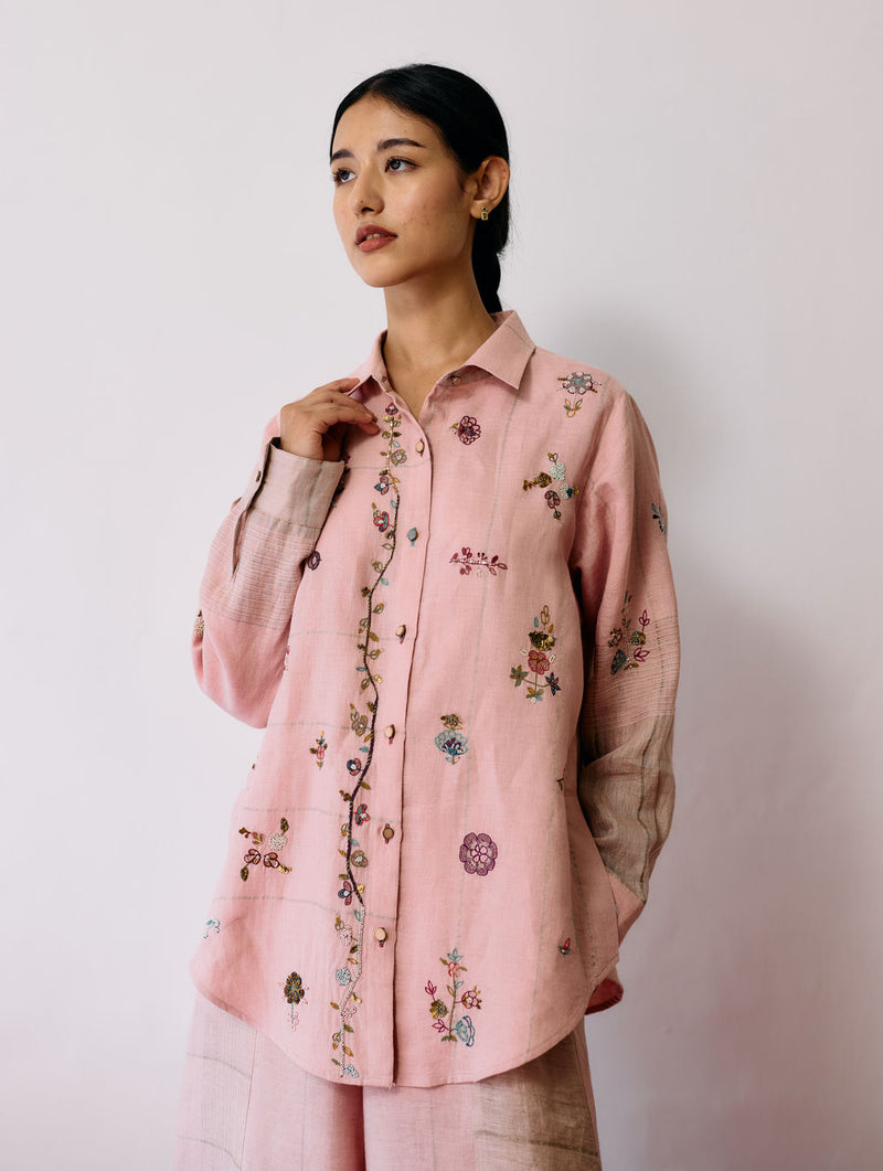 Mansa Floral Hand-Embroidered Co-ord-Pink linen co-ord set by Manan in pink for women Worldwide