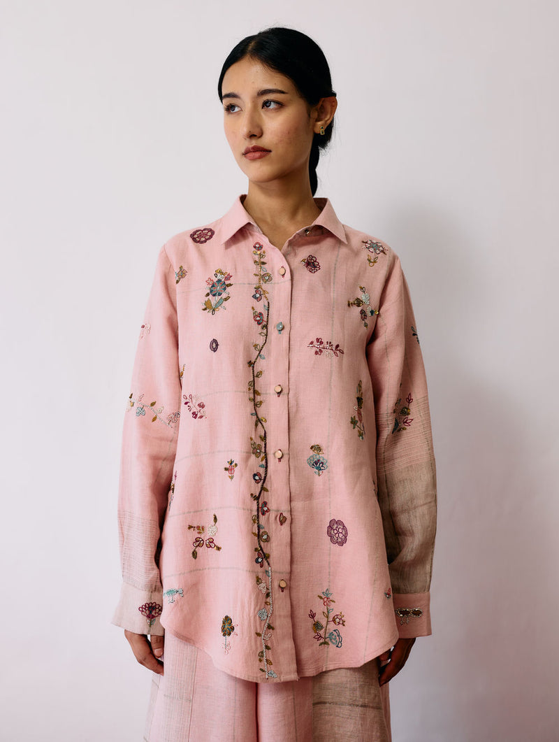 Mansa Floral Hand-Embroidered Shirt-Pink linen top/shirt by Manan in pink for women Worldwide
