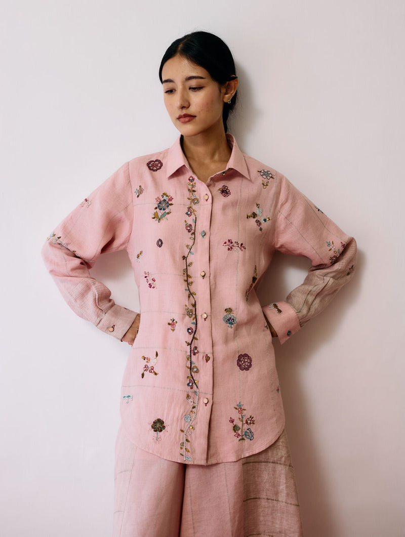 Mansa Floral Hand-Embroidered Shirt-Pink linen top/shirt by Manan in pink for women Worldwide