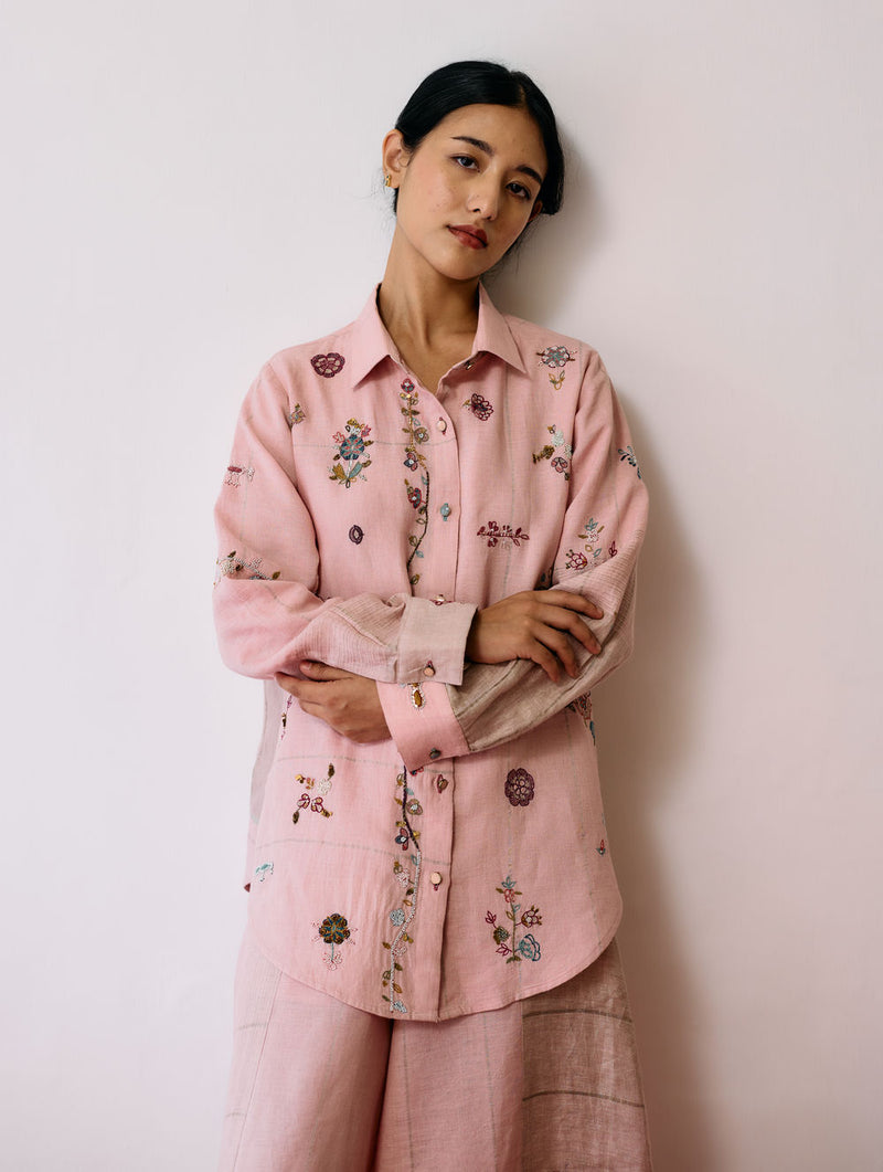 Mansa Floral Hand-Embroidered Shirt-Pink linen top/shirt by Manan in pink for women Worldwide