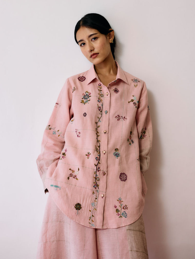 Mansa Floral Hand-Embroidered Shirt-Pink linen top/shirt by Manan in pink for women Worldwide