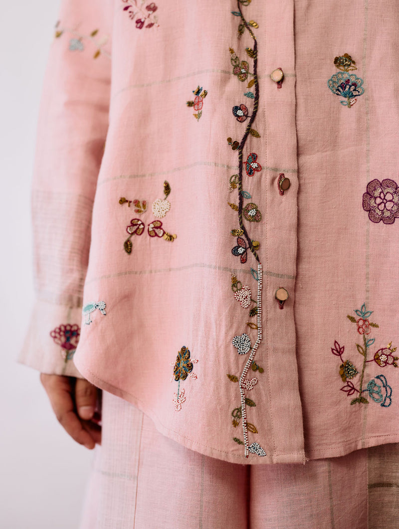 Mansa Floral Hand-Embroidered Co-ord-Pink linen co-ord set by Manan in pink for women Worldwide