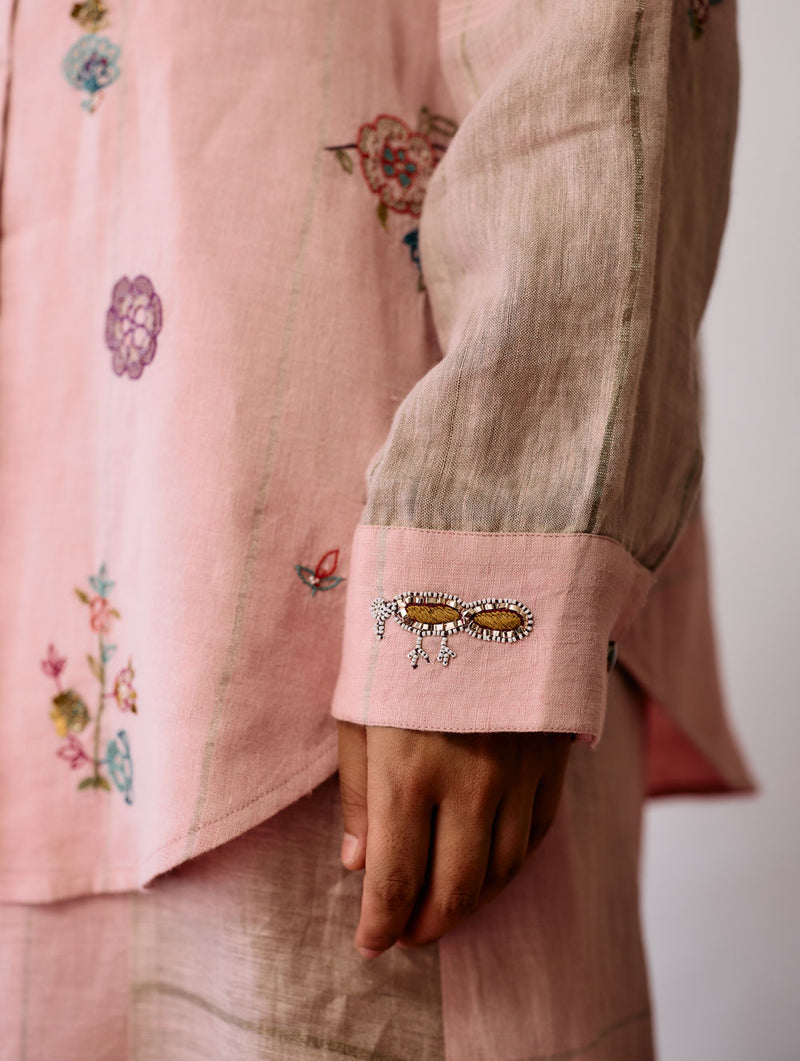 Mansa Floral Hand-Embroidered Shirt-Pink linen top/shirt by Manan in pink for women Worldwide