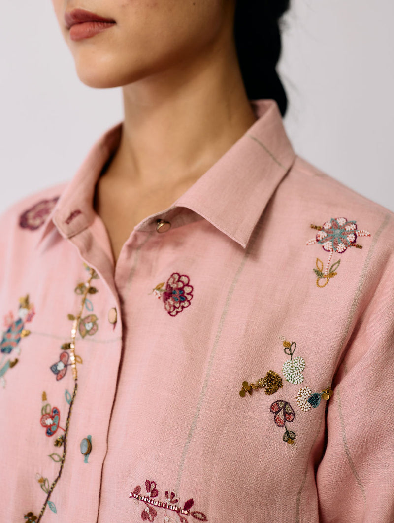 Mansa Floral Hand-Embroidered Co-ord-Pink linen co-ord set by Manan in pink for women Worldwide