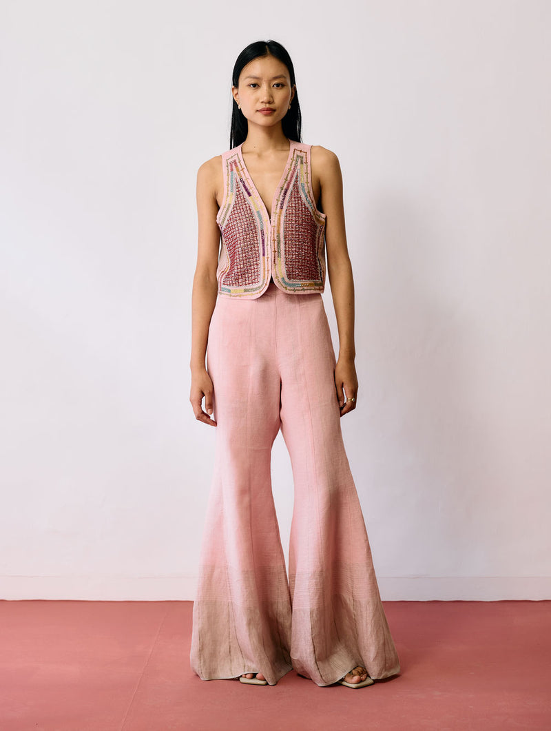 Kaya Hand-Embroidered Vest-Pink linen jacket/overlay by Manan in pink for women Worldwide