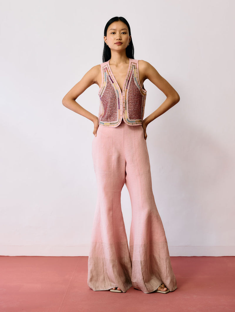 Tala Metallic Linen Sharara Pants-Pink linen pant/trousers by Manan in pink for women Worldwide