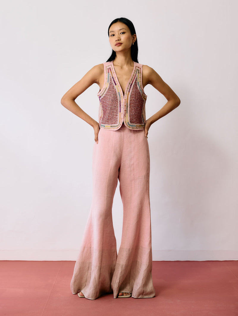 Kaya Hand-Embroidered Co-ord-Pink linen co-ord set by Manan in pink for women Worldwide