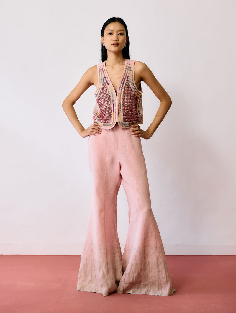 Kaya Hand-Embroidered Co-ord-Pink linen co-ord set by Manan in pink for women Worldwide