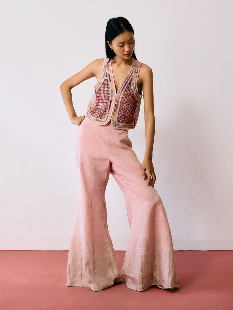 Kaya Hand-Embroidered Co-ord-Pink linen co-ord set by Manan in pink for women Worldwide