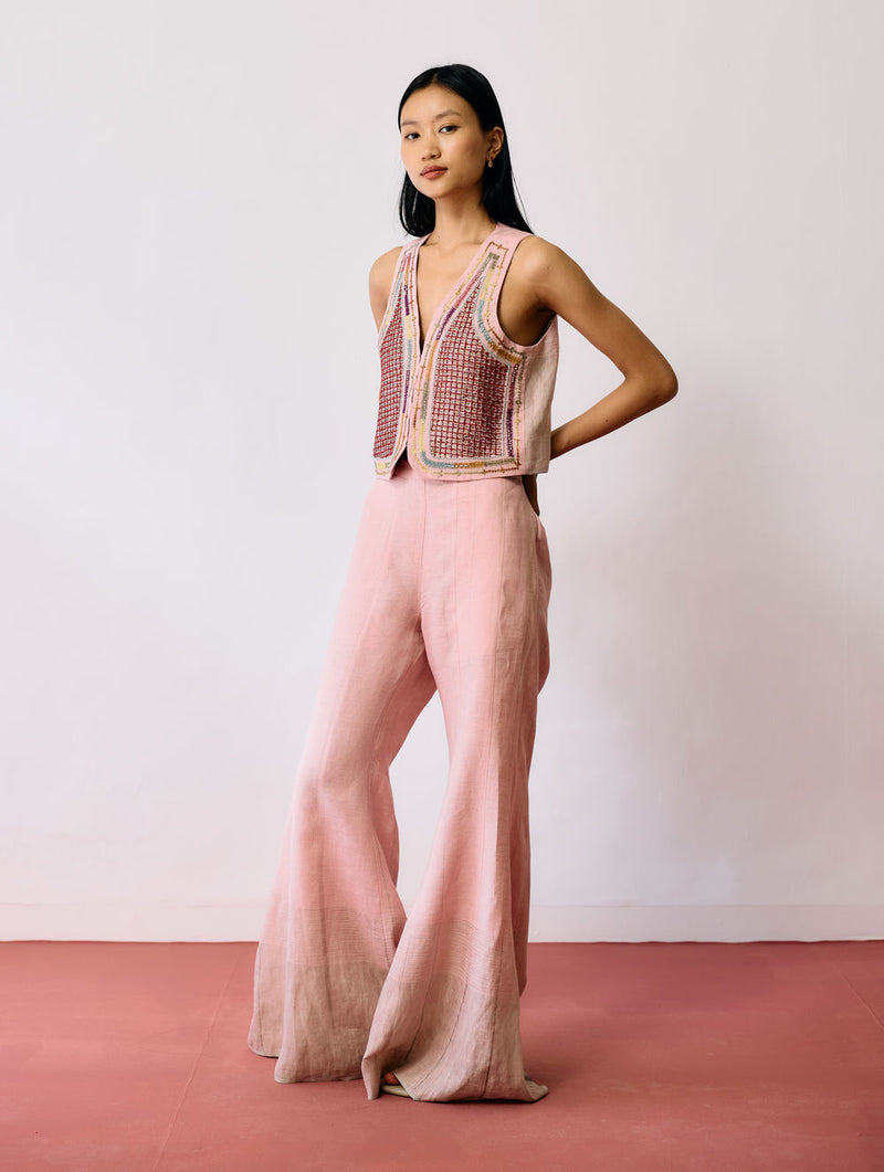 Kaya Hand-Embroidered Co-ord-Pink linen co-ord set by Manan in pink for women Worldwide