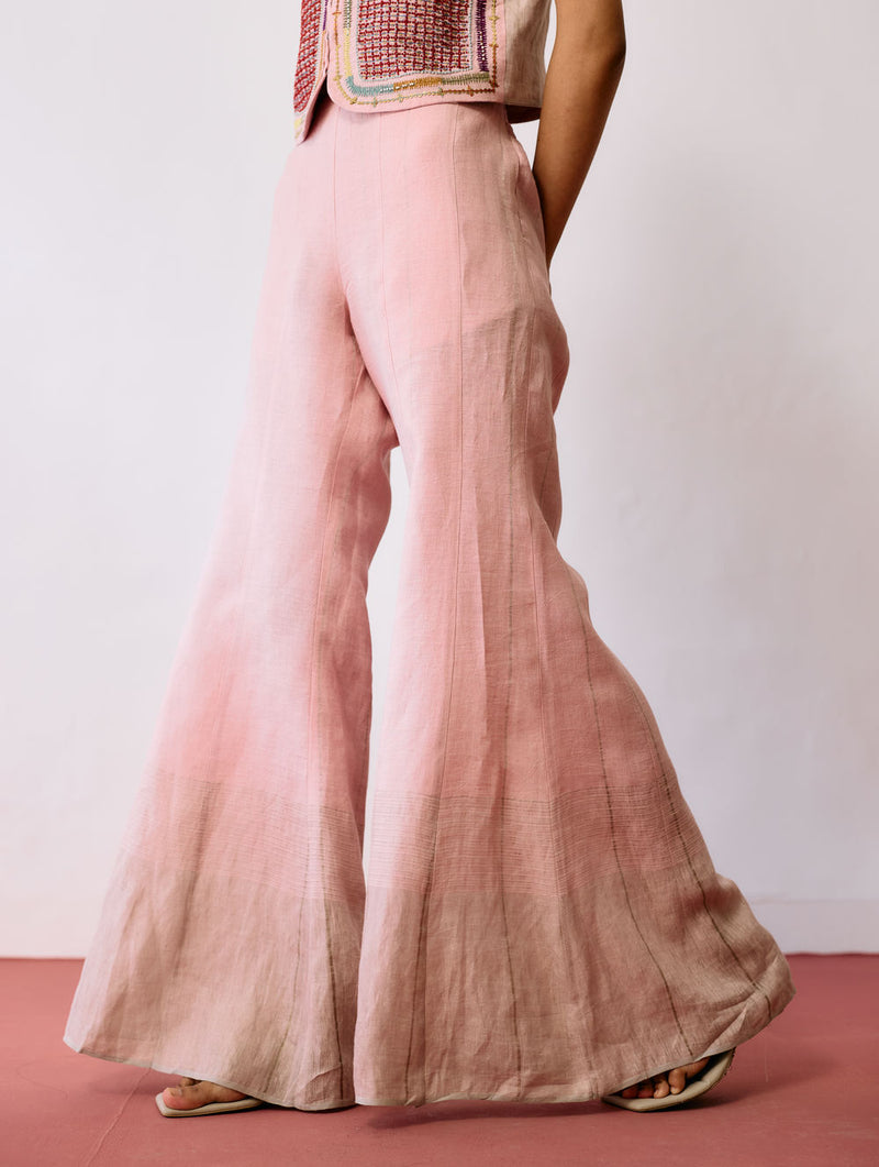 Tala Metallic Linen Sharara Pants-Pink linen pant/trousers by Manan in pink for women Worldwide