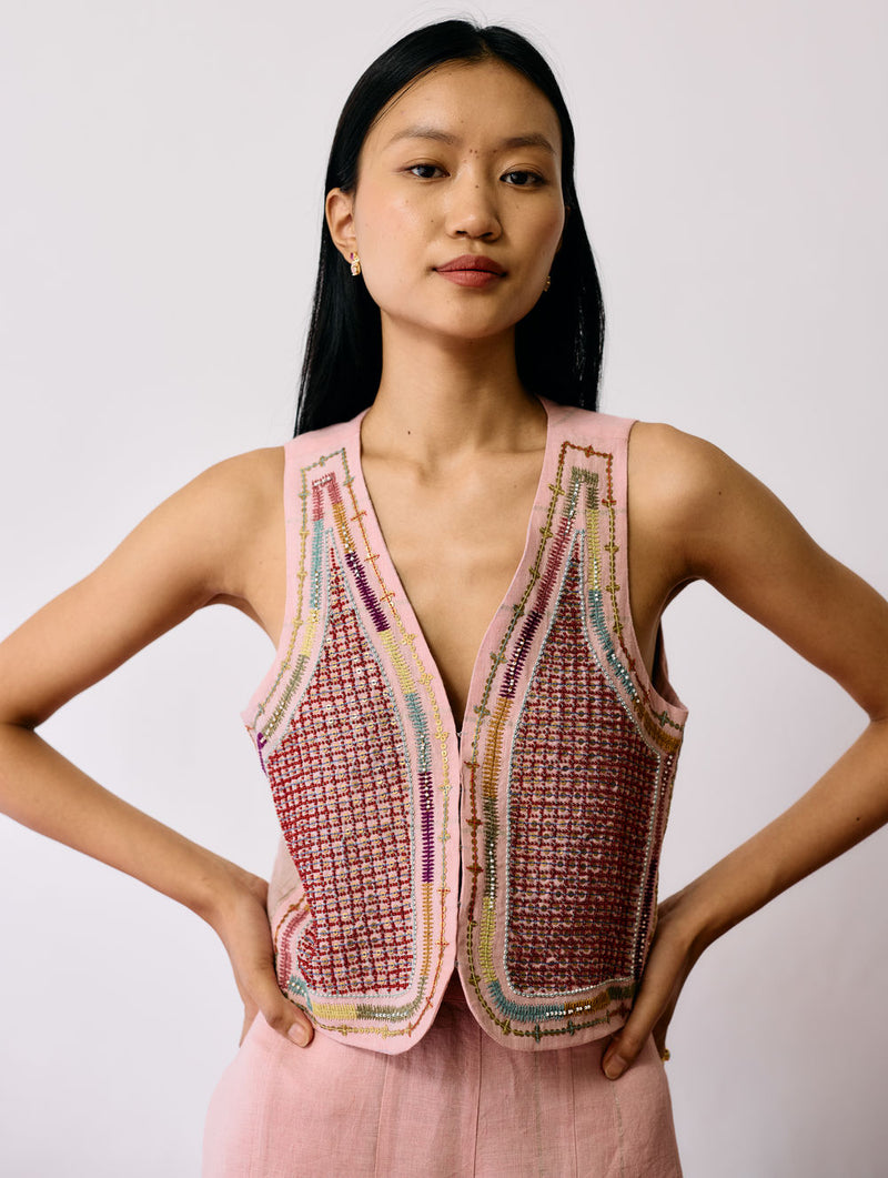 Kaya Hand-Embroidered Vest-Pink linen jacket/overlay by Manan in pink for women Worldwide