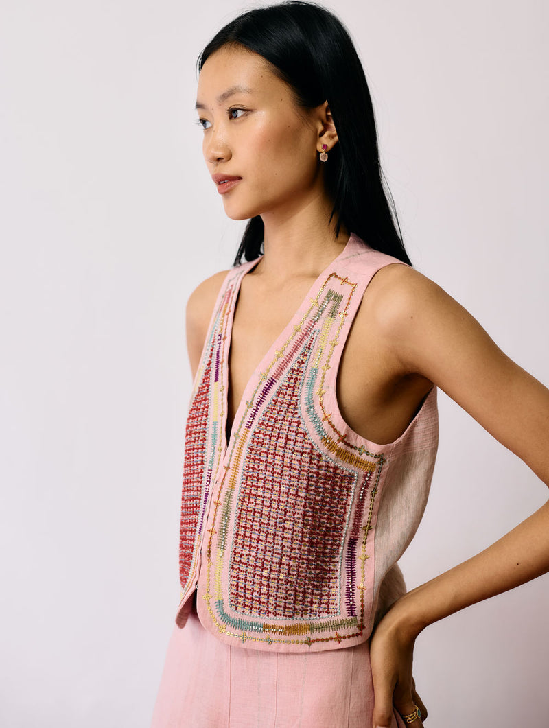 Kaya Hand-Embroidered Vest-Pink linen jacket/overlay by Manan in pink for women Worldwide