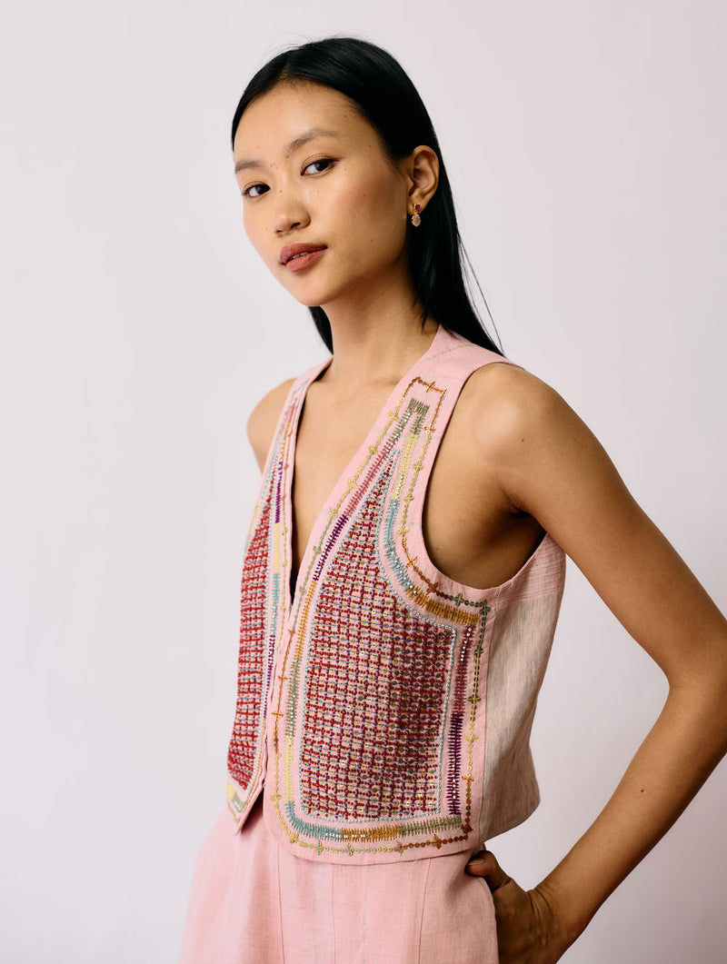 Kaya Hand-Embroidered Vest-Pink linen jacket/overlay by Manan in pink for women Worldwide
