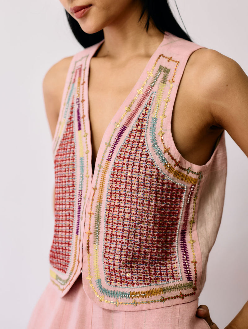 Kaya Hand-Embroidered Co-ord-Pink linen co-ord set by Manan in pink for women Worldwide
