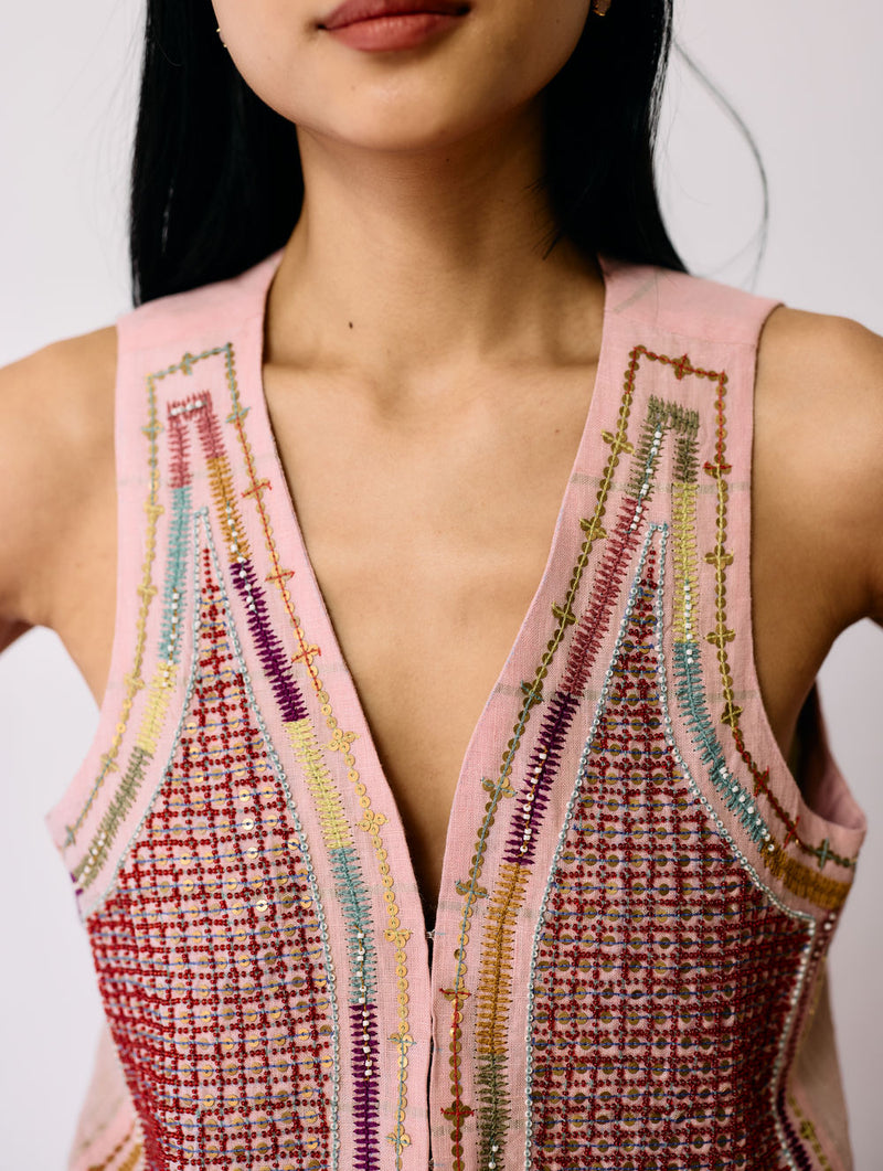 Kaya Hand-Embroidered Co-ord-Pink linen co-ord set by Manan in pink for women Worldwide