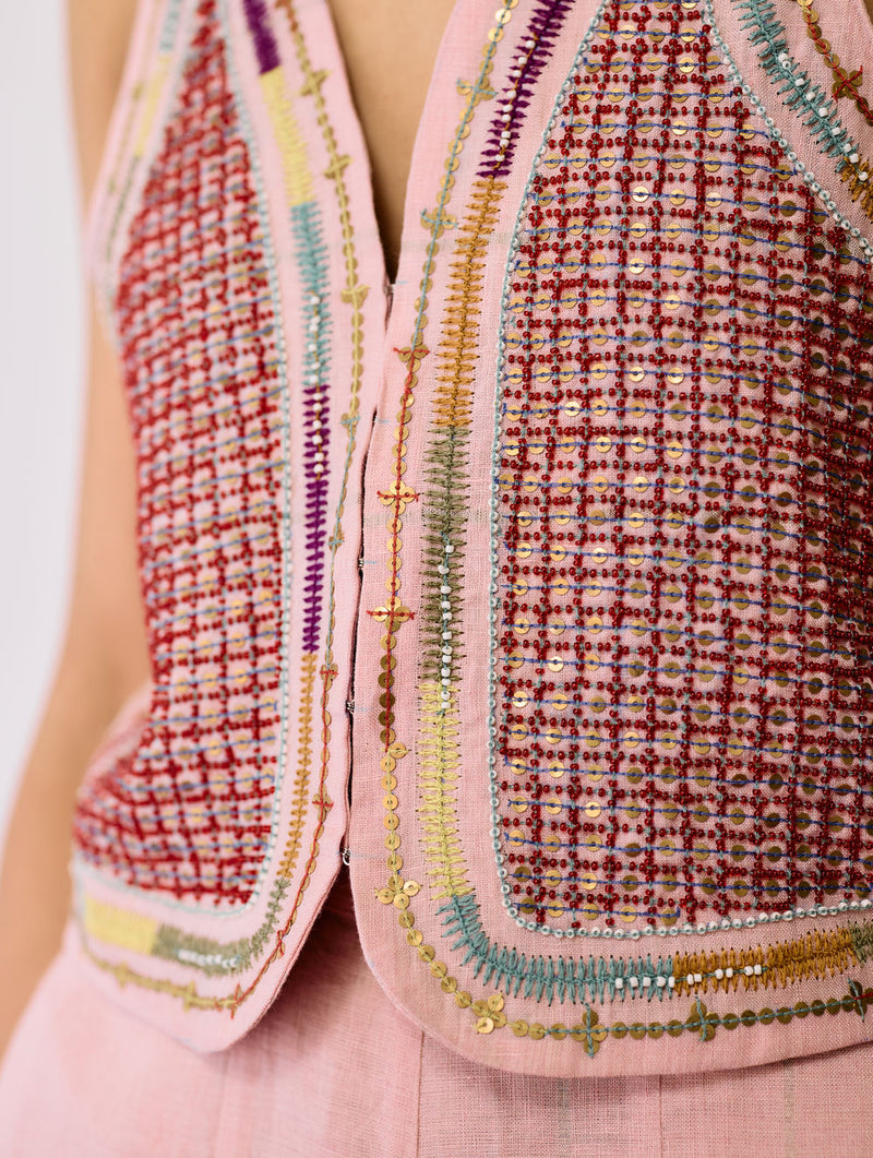 Kaya Hand-Embroidered Vest-Pink linen jacket/overlay by Manan in pink for women Worldwide