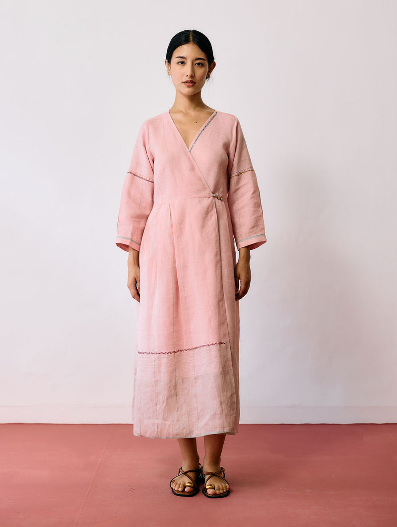 Raya Metallic Linen Wrap dress-Pink linen dress by Manan in pink for women Worldwide