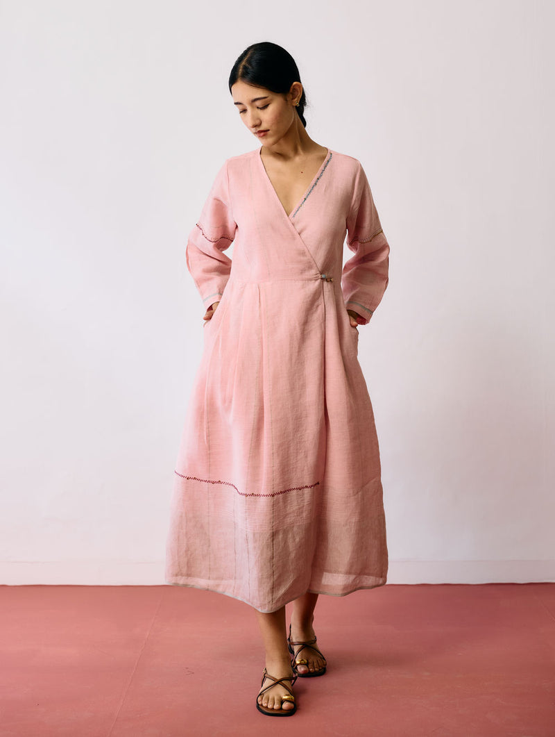 Raya Metallic Linen Wrap dress-Pink linen dress by Manan in pink for women Worldwide