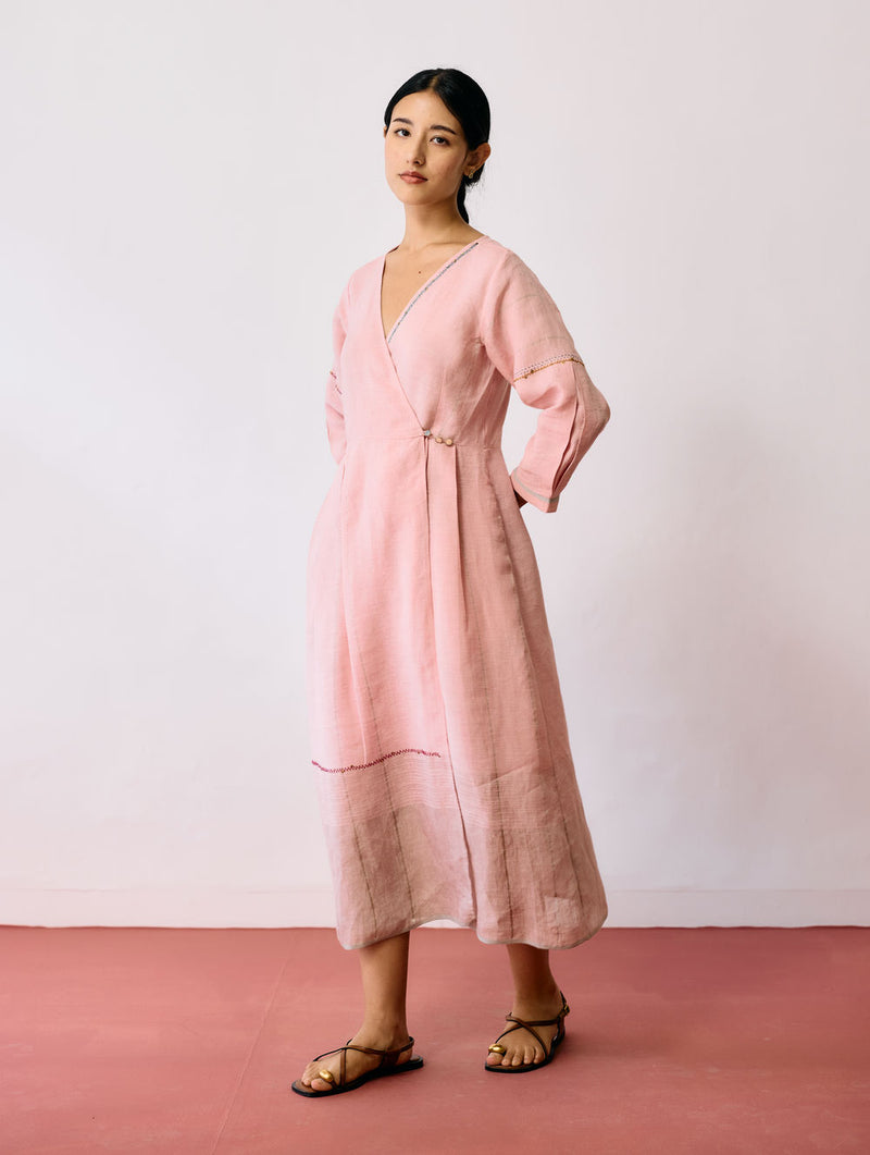 Raya Metallic Linen Wrap dress-Pink linen dress by Manan in pink for women Worldwide