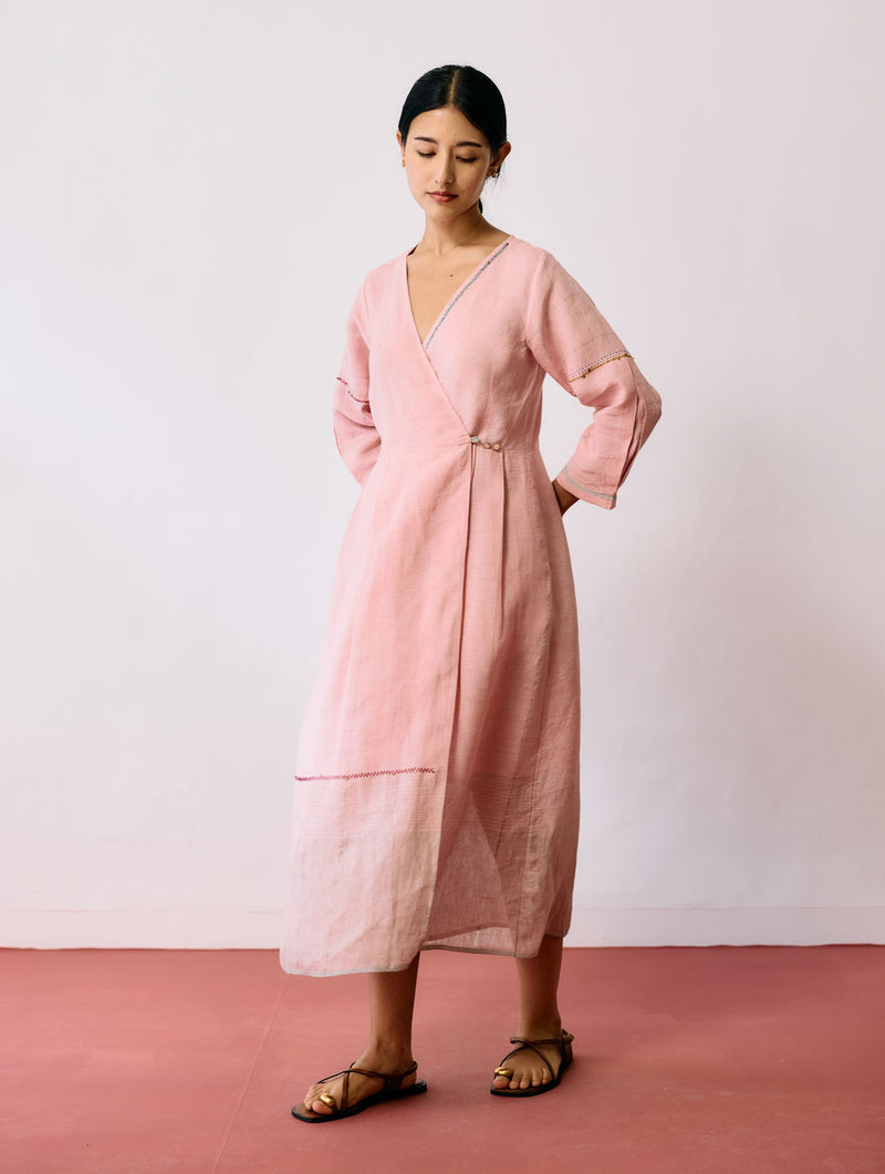 Raya Metallic Linen Wrap dress-Pink linen dress by Manan in pink for women Worldwide