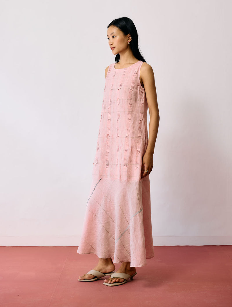 Dana Pintuck & Pleat Sleeveless Dress-Pink linen dress by Manan in pink for women Worldwide