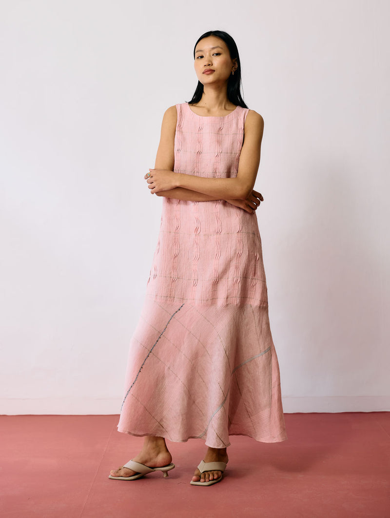 Dana Pintuck & Pleat Sleeveless Dress-Pink linen dress by Manan in pink for women Worldwide
