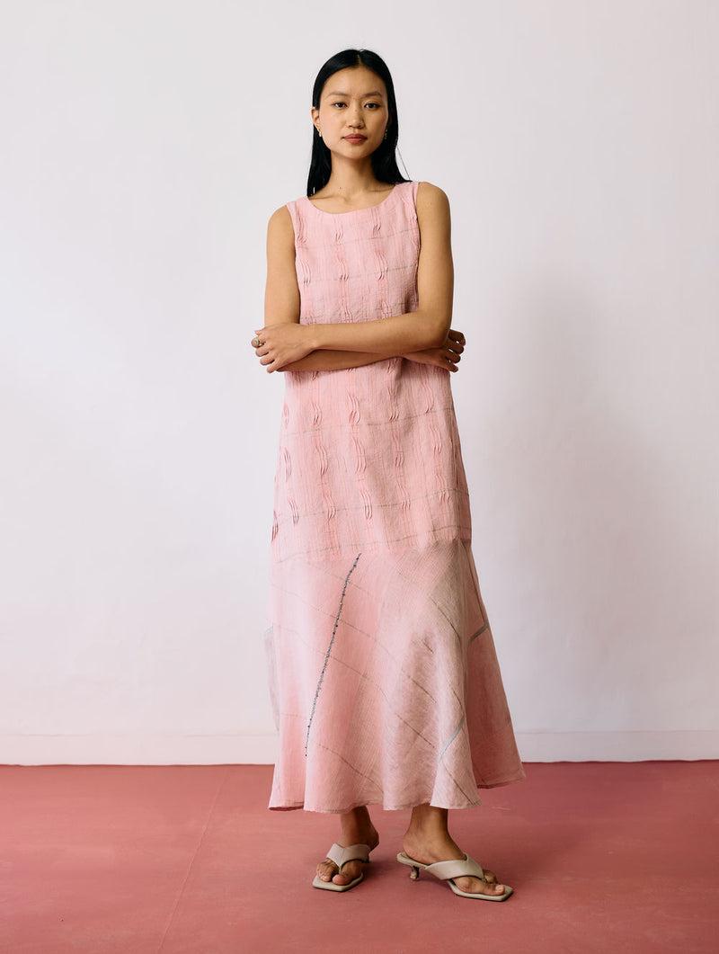 Dana Pintuck & Pleat Sleeveless Dress-Pink linen dress by Manan in pink for women Worldwide