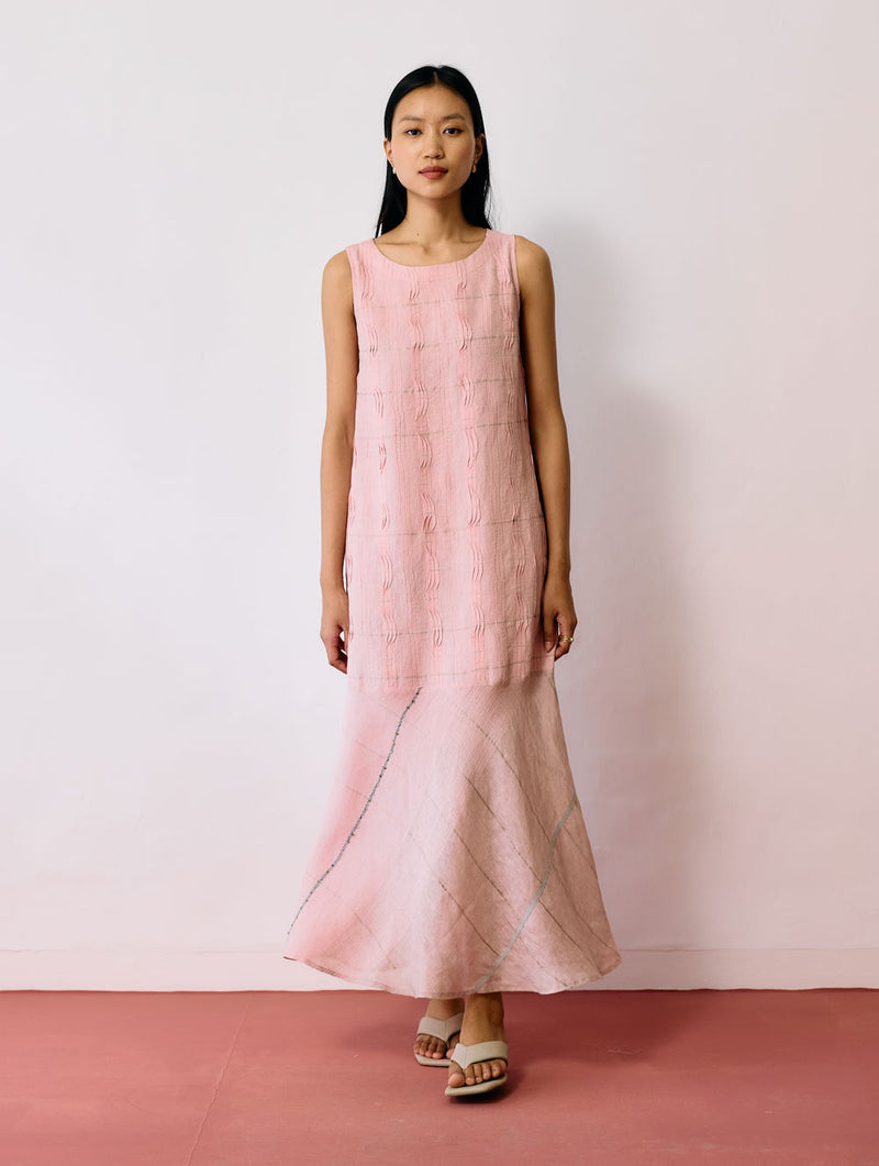 Dana Pintuck & Pleat Sleeveless Dress-Pink linen dress by Manan in pink for women Worldwide