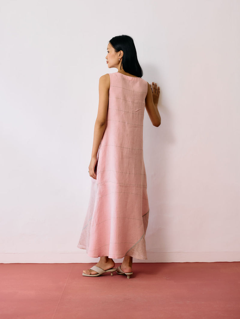 Dana Pintuck & Pleat Sleeveless Co-ord-Pink linen co-ord set by Manan in pink for women Worldwide
