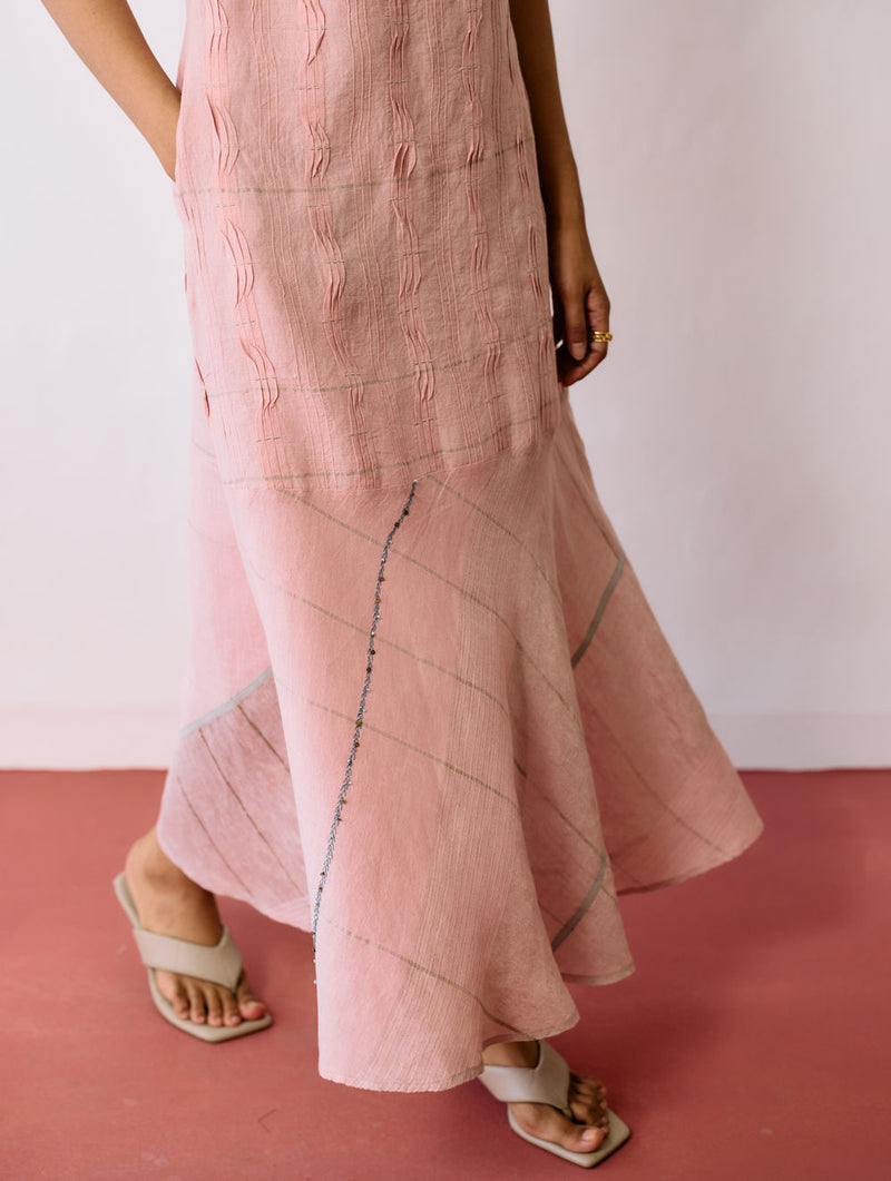 Dana Pintuck & Pleat Sleeveless Dress-Pink linen dress by Manan in pink for women Worldwide
