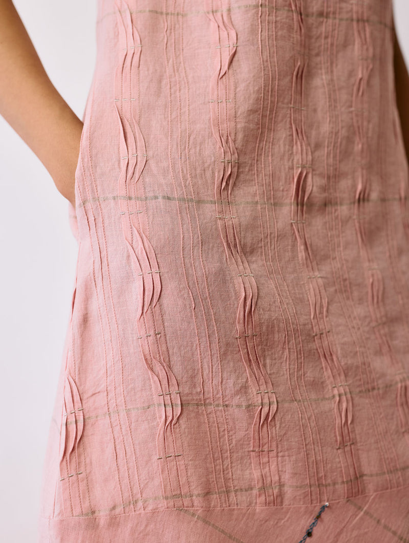 Dana Pintuck & Pleat Sleeveless Dress-Pink linen dress by Manan in pink for women Worldwide