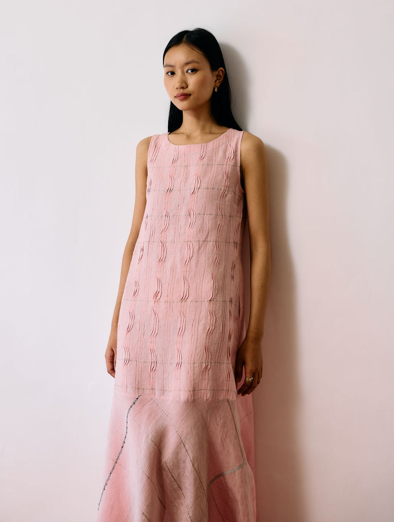 Dana Pintuck & Pleat Sleeveless Dress-Pink linen dress by Manan in pink for women Worldwide