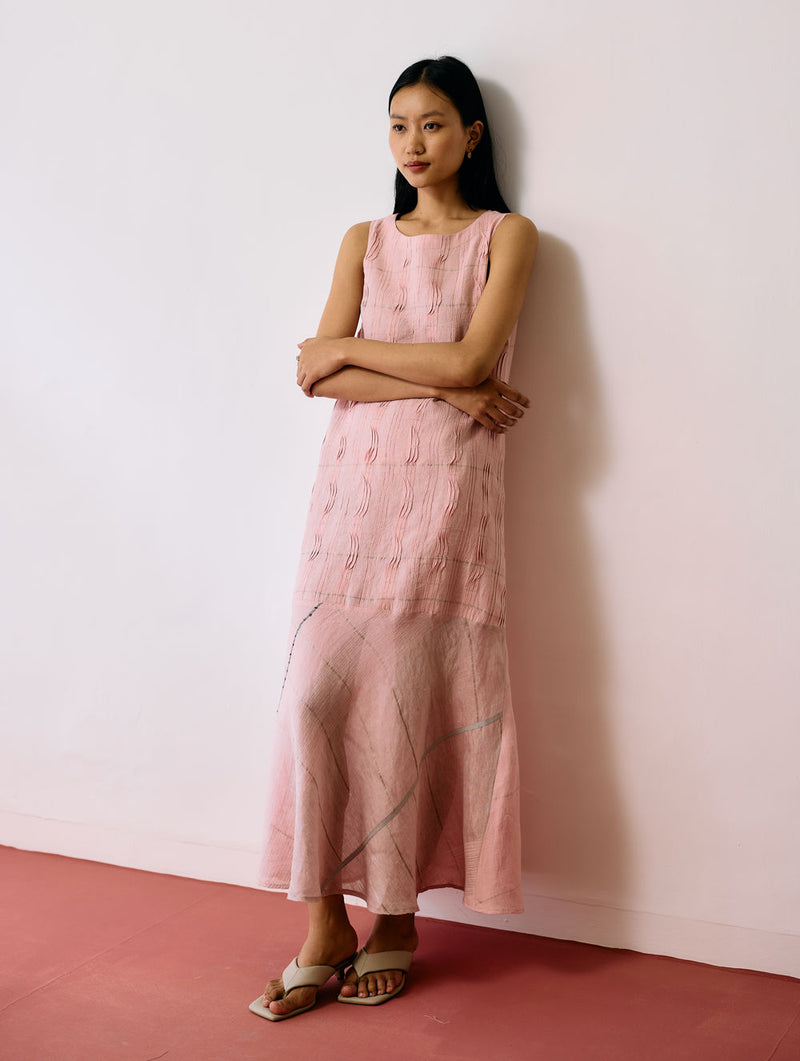 Dana Pintuck & Pleat Sleeveless Co-ord-Pink linen co-ord set by Manan in pink for women Worldwide