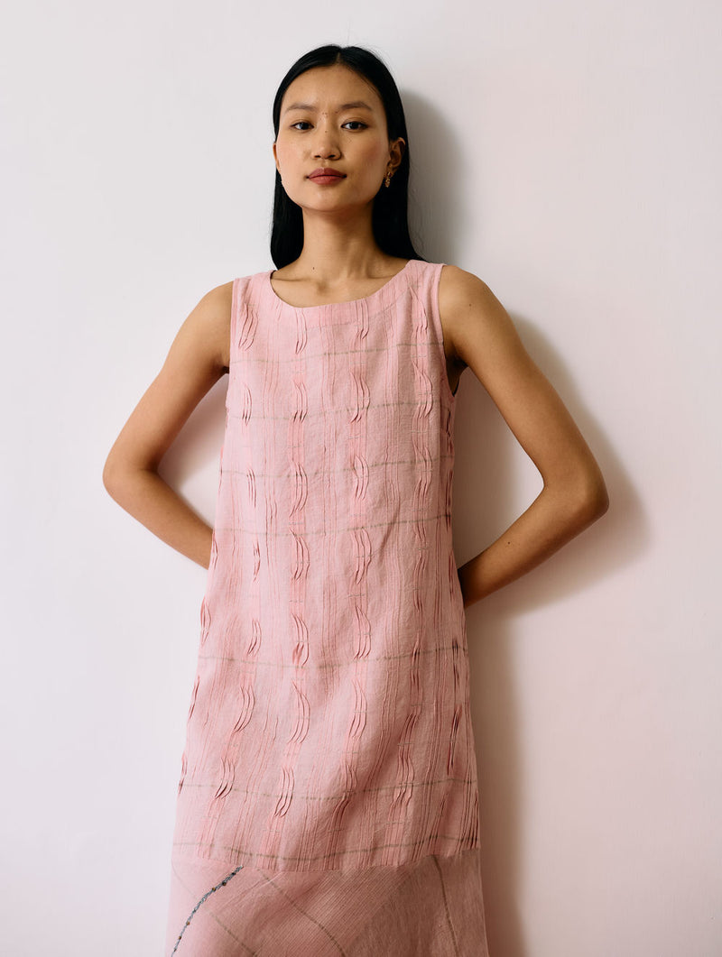 Dana Pintuck & Pleat Sleeveless Dress-Pink linen dress by Manan in pink for women Worldwide