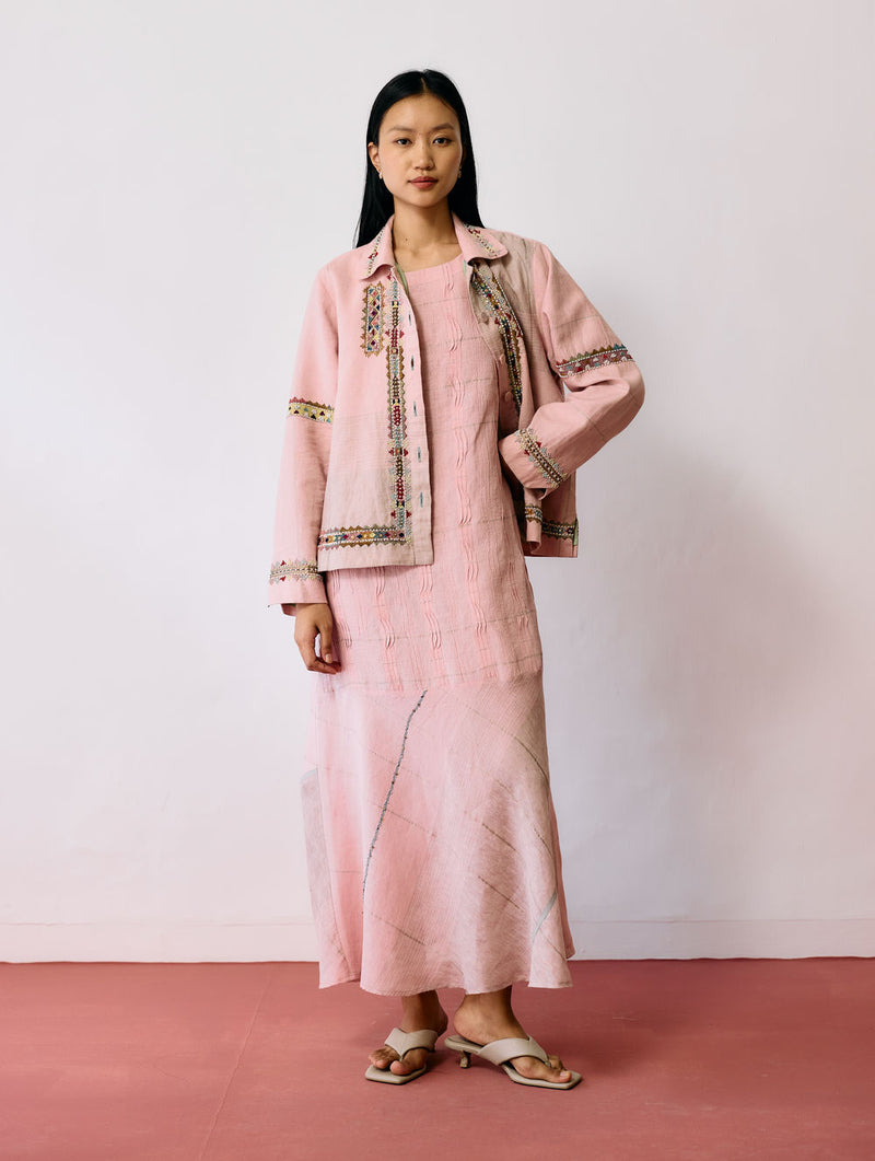 Dana Pintuck & Pleat Sleeveless Co-ord-Pink linen co-ord set by Manan in pink for women Worldwide