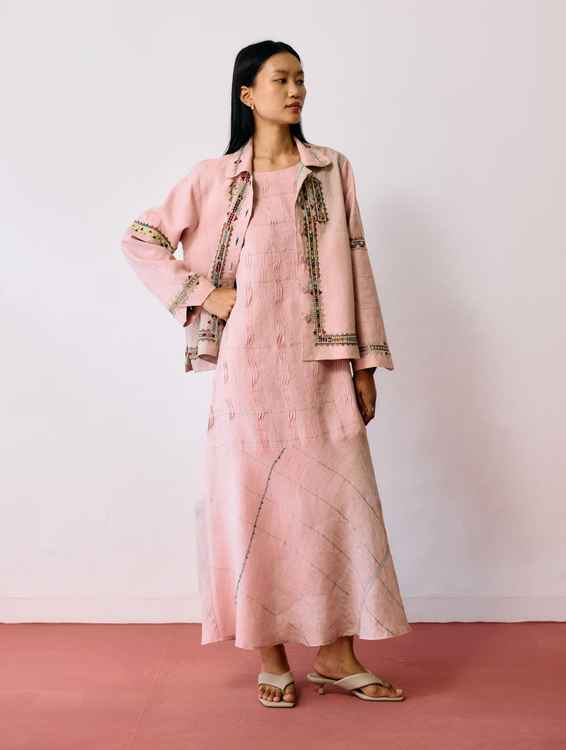 Dana Pintuck & Pleat Sleeveless Co-ord-Pink linen co-ord set by Manan in pink for women Worldwide