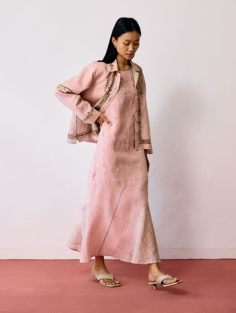 Dana Pintuck & Pleat Sleeveless Co-ord-Pink linen co-ord set by Manan in pink for women Worldwide