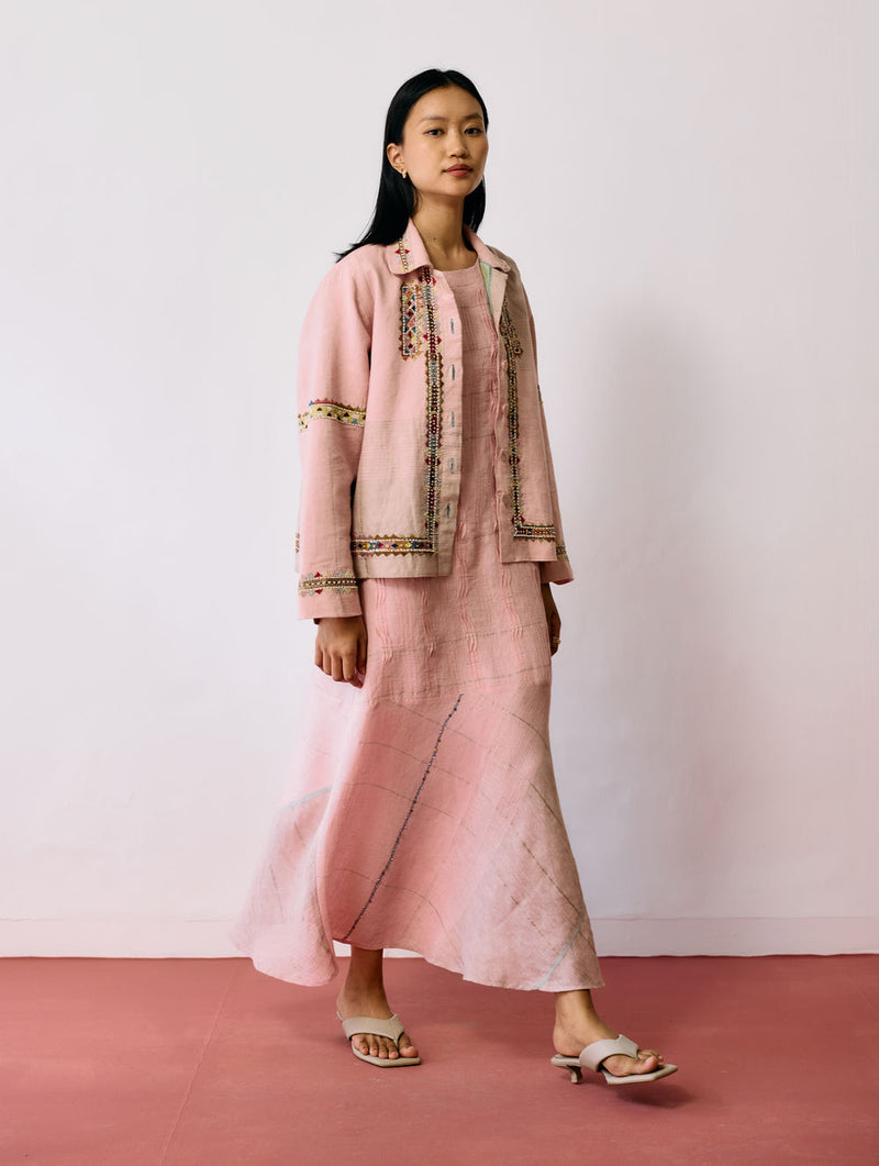 Dana Pintuck & Pleat Sleeveless Co-ord-Pink linen co-ord set by Manan in pink for women Worldwide