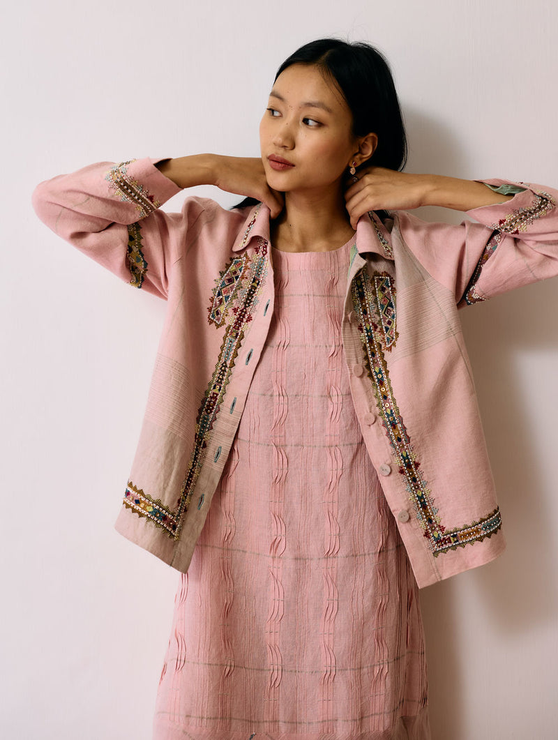 Dana Pintuck & Pleat Sleeveless Co-ord-Pink linen co-ord set by Manan in pink for women Worldwide